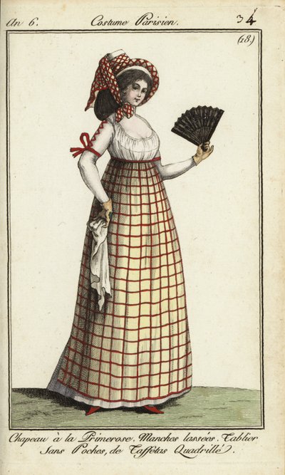 1798年のプリマローズ・ハット・ファッションの女性（手彩色銅版画 作： French School