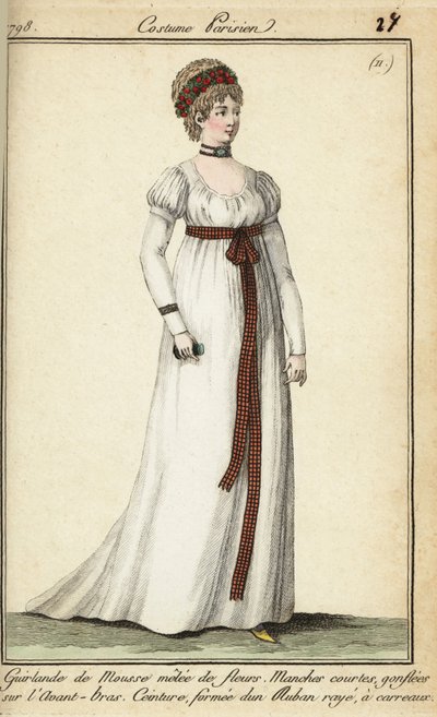 1798年のファッションに身を包んだ女性、花輪の下の短髪（手彩色の銅版画 作： French School