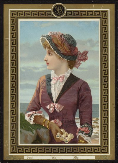 双眼鏡で海を見渡す女性 作： French School