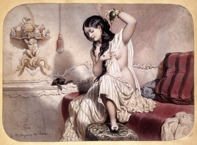 風呂上りに香水をつける女性 - 石版画, v.1860 作： French School