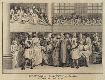 ロンドンのクエーカー教徒の集会で説教をする女性（エングレービング 作： French School