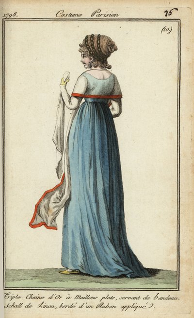 1798年のファッションでシースルーのショールを着た女性（手彩色銅版画 作： French School
