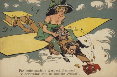 男／飛行機に乗る半露出の胸像の女性（カラーリトグラフ） 作： French School