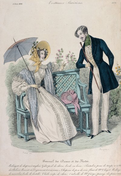 1836年6月5日、Journal des Dames et des Modesのファッションプレート、庭でフロックコートを着た男と傘を持つ女性 作： French School