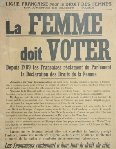 女性は投票しなければならない、投票権のために戦うよう女性を奨励するポスター、1914 作： French School