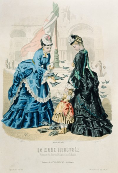 ハトに餌をやる女性と子供、ラモードイルストレ、1872年 作： French School