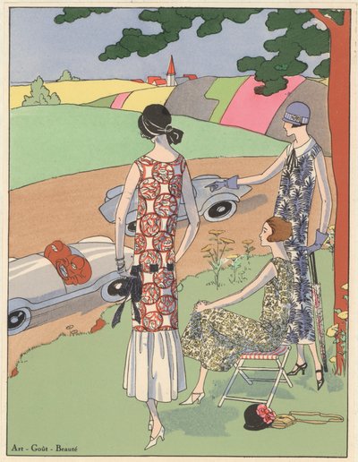 1920年代の女性ファッションデザイン：スポーツカーレース観戦（カラーリトグラフ） 作： French School