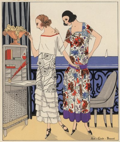 デザイナー、フィリップとガストン、マルシャルとアルマンによる1920年代の女性ファッション。(カラーリトグラフ） 作： French School
