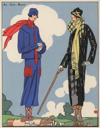 デザイナー、マルシャルとアルマン、クリストフ・ドレコルによる1920年代の女性ゴルフウェア・ファッション。(カラーリトグラフ） 作： French School