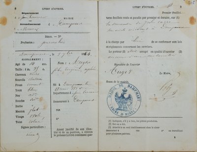 DampmartのMairieがFelix Augerに発行した労働者向けハンドブック（b.1850）、1864年 作： French School