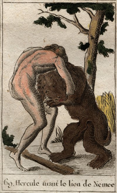 ヘラクレスの作品。"Hercules killing the lion of Nemee" (ヘラクレスの最初の労働、ネメアのライオンを殺すヘラクレス)Pierre Blanchard 1803の "Mythology of Youth "より。 作： French School