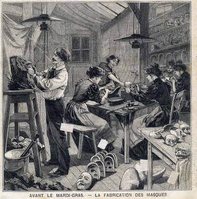 マルディグラ祭（Mardi-Gras）の変装用のマスクを製造する工房。1897年2月14日付「ル・プチ・パリジャン」にて 作： French School