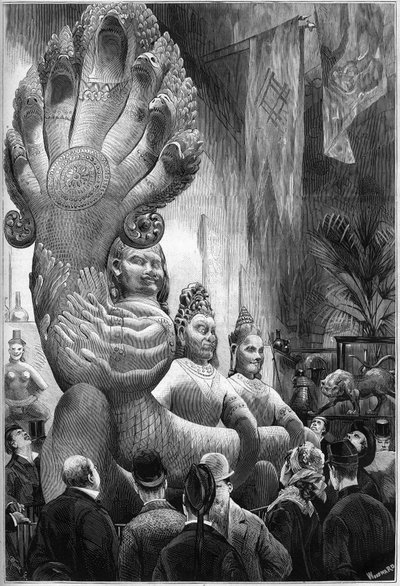 1878年にパリで開催された万国博覧会：ドラポルト調査団がカンボジアから報告した「カンボジアの巨人」と「多頭の蛇」の像が、トロカデロの回顧ギャラリーに展示された。11月1日付 "Le Monde Illustré "1127号に掲載された図版 作： French School
