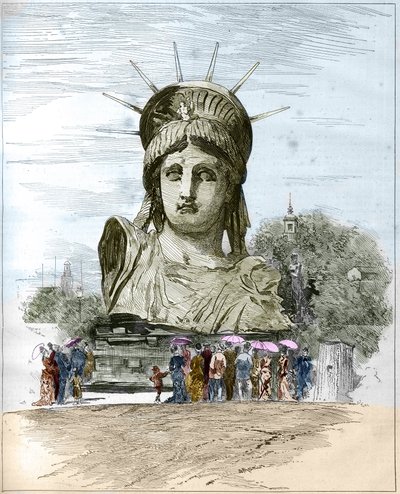 1878年のパリ万国博覧会：フレデリック・オーギュスト・バルトルディ（1834-1904）による自由の女神像の頭部。1878年7月13日付の「イラストレーション・ワールド」1111号に掲載されたエドゥガルド・モランによるエングレーヴィング。 作： French School