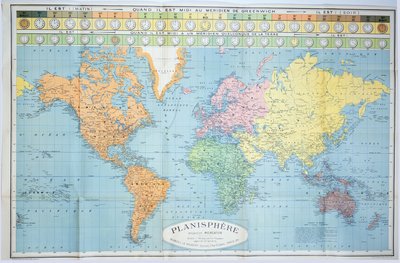 さまざまなタイムゾーンの世界地図、ブロンデルラルージュがパリc.1920で公開 作： French School