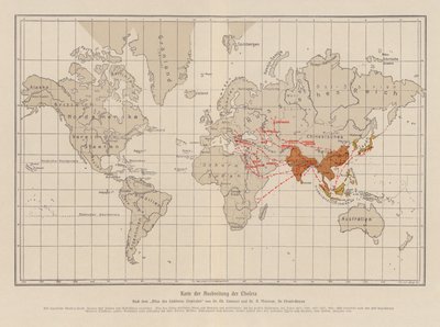 コレラの蔓延を示す世界地図（カラーリトグラフ） 作： French School