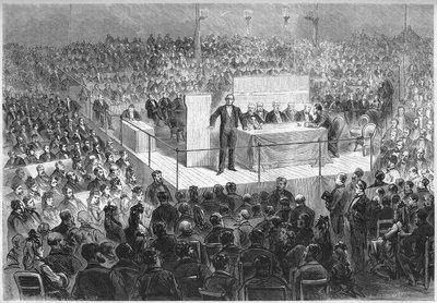 作家アーネスト・ルグーヴ（1807-1903）は、1870年の戦争終結後にドイツに占領されたフランスの地方を救済するための資金を集めるために組織された「愛国的集会」を主宰している。パリ、シャンゼリゼ大通りのサーカス、2月25日 作： French School