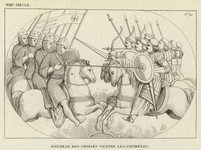 XIII世紀、十字軍と異教徒との戦い（エングレービング 作： French School