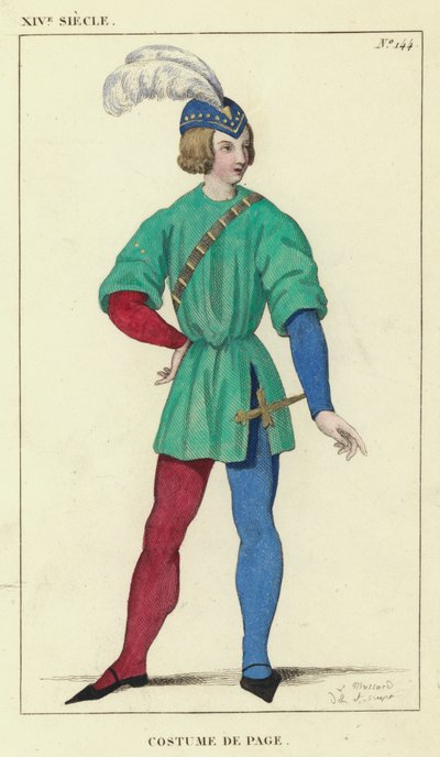 XIV Siecle, Costume de Page (カラー・エングレービング) 作： French School