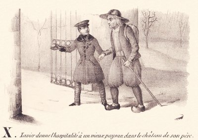 X:ザビエルは、父の城で年老いた農民をもてなします。 作： French School