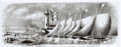 1864年9月17日、ルモンドイラストから、1864年のマルセイユのレガッタでジョリエット灯台を一周するヨット 作： French School