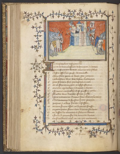 イェイツ・トンプソン 35 f. 80v「ベルトラン・デュ・ゲクランの歌」からのバロンジュの撮影、1380-92年頃（ベラム） 作： French School