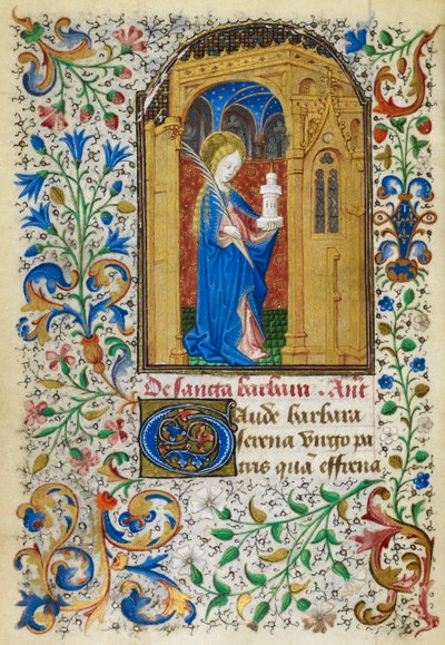 イェーツ・トンプソン 3、fol.289v 黄金のアーチの下にある聖バーバラのミニチュア、1440 年頃の「デュノアの時間」より、彼女の参政権の開始時に、手のひらと完全な葉状の縁取りのある塔を持っています。 1450 (ベラム) 作： French School