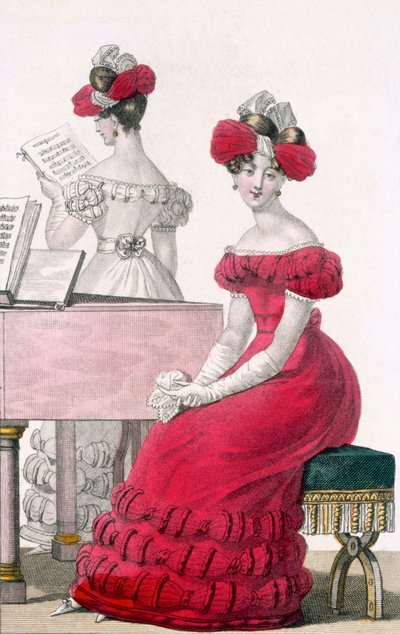 凝った頭飾りのあるクレープイブニングドレスの若い女性、モデドゥパリの広告、c.1825 作： French School