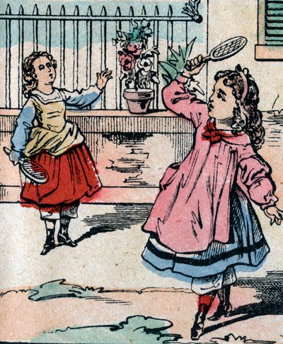 羽子板とシャトルコックを演奏する若い女の子、バドミントンに似た初期のゲーム – エピナルの絵 – 19世紀(彫刻) 作： French School