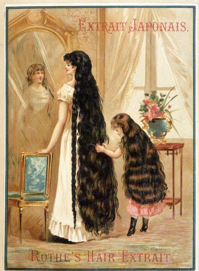 とても長く豊かな髪を持つ若い女性とその小さな女の子。 作： French School