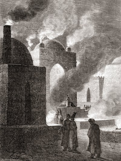 アゼルバイジャンのバクーにある火の神殿で火を拝むゾロアスター教の信者たち（1870年頃出版の「Les Merveilles de la Science」より）（エングレーヴィング 作： French School