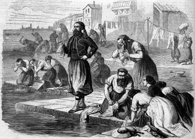 洗濯をするフランス軍のズエーヴたち。イタリア、1859年のリゾルジメント。1859年8月13日付「Le Monde Illustré」122号に掲載された版画。 作： French School