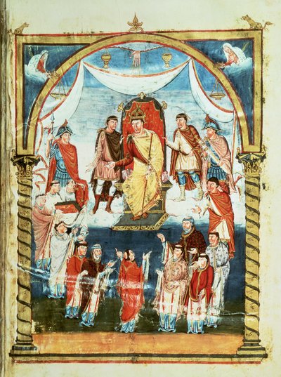 dsラット1 fol.423rチャールズ2世、ビビアン伯爵とサンマルタンドトゥールの修道士からの手紙、チャールズザハゲの最初の聖書、c.843-51 作： French School
