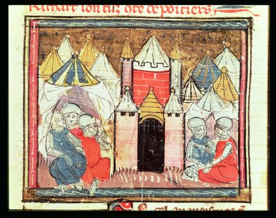 f.259rフランスのフィリップアウグストゥス（1165-1223）がフランスのグランドクロニクス（1375-79）からイングランド（1199-1216）のジョン王（ラックランド）を倒した1204年のシャトーガイヤールの包囲戦 作： French School