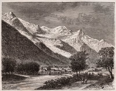 V.A.マルト・ブラウンの「La France illustree: geographie, histoire, administration statistique」に掲載されたシャモニー渓谷とモンブランの彫刻。 1884年。 作： French School