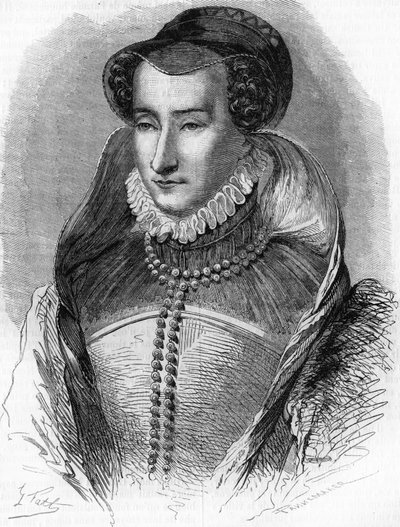アンリ4世の母であり、アントワーヌ・ド・ブルボン（1528-1572）の妻であるアルブレのジョアン3世（1528-1572）の肖像画。Histoire Populaire de la France」（1885年頃）に掲載。エングレーヴィング。 作： French School