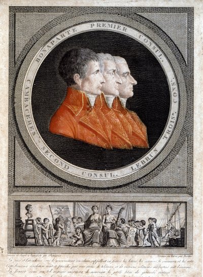 ナポレオン・ボナパルト（1769-1821）、ジャン・ジャック・レジス（Jean-Jacques-Regis）・ド・カンバセレス（1753-1824）、シャルル・フランソワ・ルブラン（1739-1824）の3人の領事の肖像" 作： French School