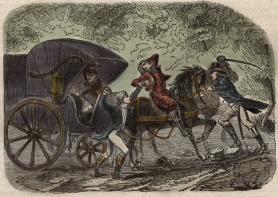 リヨン郵便局事件 - Affaire du courrier de Lyon - la malle-poste est attacked en Seine et Marne by 5 individuals on 28 April 1796 - Engraving in "Causes celebres de tous les peuples" by Armand Fouquier (1817-18?) 1858-1867 - private collection 作： French School
