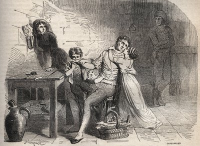 the Lyon mail post affair - Case du courrier de Lyon:ジョセフ・レシュルクの家族への別れ：1796年のリヨン郵便の事件に関わったとされる彼は、リヨンの郵便局のトランクを襲ったという誤った容疑をかけられ、ギロチンにかけられた - " のエングレーヴィング。 作： French School