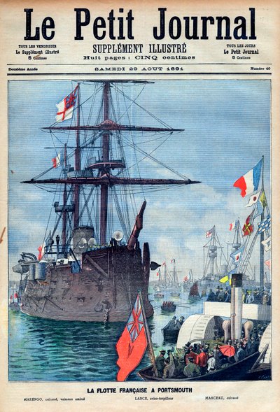 ポーツマスのフランス艦隊：旗艦「マレンゴ」、ラヴィソ魚雷「ランス」、戦艦「マルソー」、1891年8月29日付「プチ・ジャーナル」の第一面（エングレーヴィング 作： French School