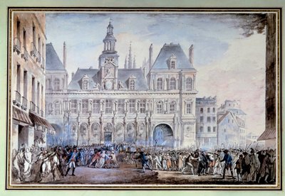 view of the Place de Greve on 1789年7月14日 パリのグレーブ広場（現在のオテル・ド・ヴィル広場）1789年7月14日、1789年のフランス革命でバスティーユが攻略された日。匿名の水彩画 作： French School