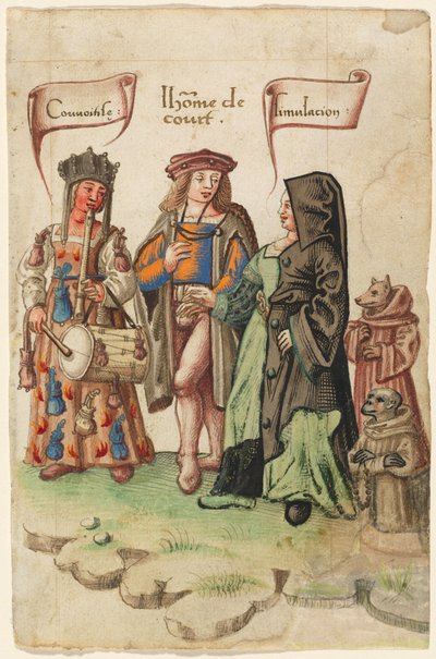 貪欲と偽装の間に立つ廷臣[fol。 14直腸] 作： French early 16th Century