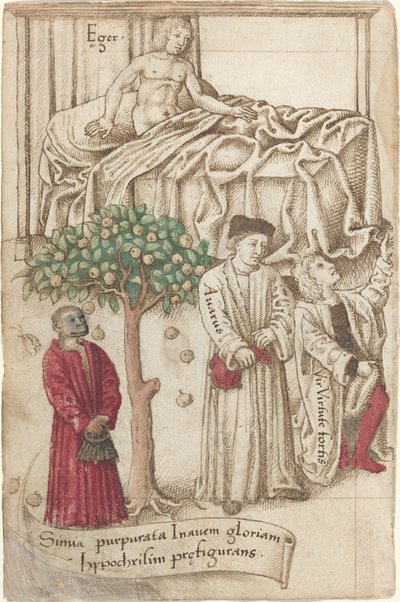 病気の男、良い男、けちな人がいる紫の猿[fol。 36 裏面] 作： French early 16th Century