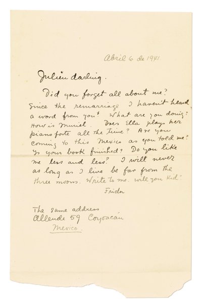 1941年4月6日、コヨアカン、フリアン［レヴィ］宛、サイン入り自筆書簡（「フリーダ」）（紙にペン・インク） 作： Frida Kahlo