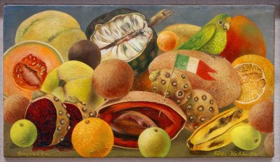 オウムと旗のある静物 作： Frida Kahlo