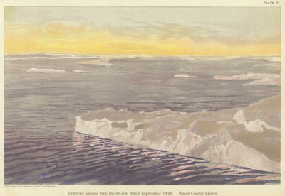 流氷の夕べ」1893年9月22日 水彩スケッチ（カラーリトグラフ 作： Fridtjof Nansen