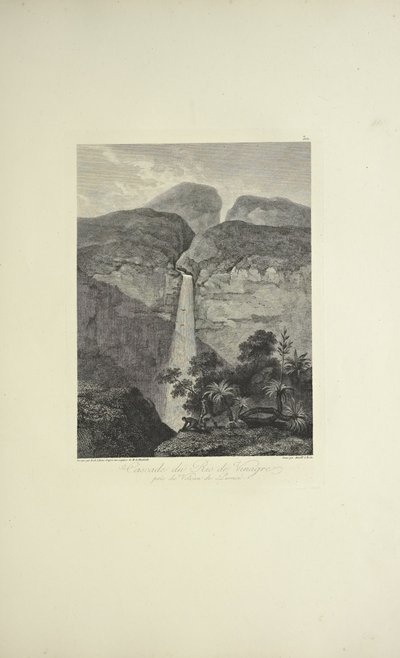 リオ・デ・ビナグレの滝、ピュレース火山の近く、コッホ作画、アーノルド彫刻、アレクサンダー・フォン・フンボルトとアイム・ボンプランの「Vues des Cordillères et Monumens des Peuples Indigènes de l