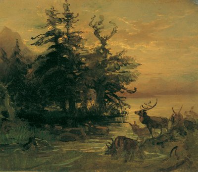 山の湖のほとりでうなる鹿 作： Friedrich August Mathias Gauermann