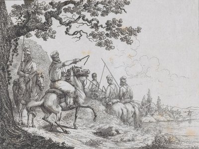 川岸を走るコサック、1814年。 作： Friedrich August de La Belle