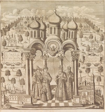 Feodor III、Peter I、Ivan V、Patriarch Adrian I. Das veraenderte Russland...、1721年より。 作： Friedrich Christian Weber